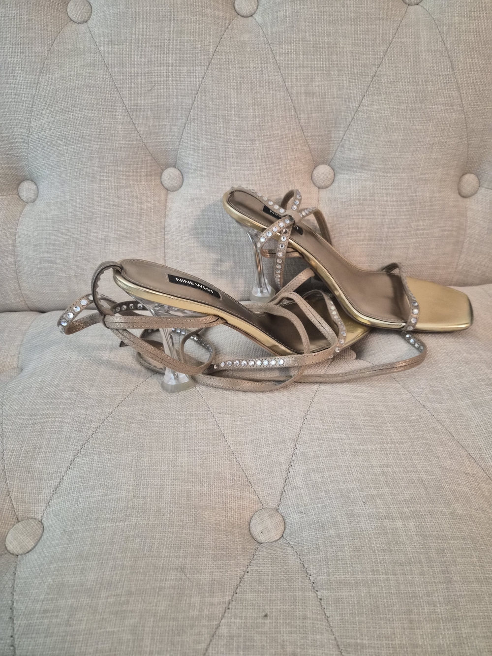 Nine West Gold Rhinestone Lace-Up Heels | Strappy Clear Heel Sandals | Size 9